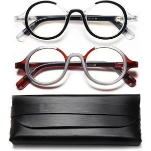 Retro Round Reading Glasses for Men and Women, Stylish Color Frame Design, Blue Light Blocking, Spring Hinges, Anti Eye Strain Computer Readers, 1.75 (Brown/Black)