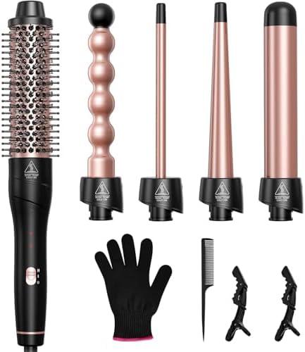 Lopeie 5 in 1 Wand Curling Iron Set, Hair Styling Tools with Thermal Brush and 4 Interchangeable Ceramic Barrels from 1/2 to 1 1/2 inch, Fast Heating, Dual Voltage Hair Curler, Gifts for Women