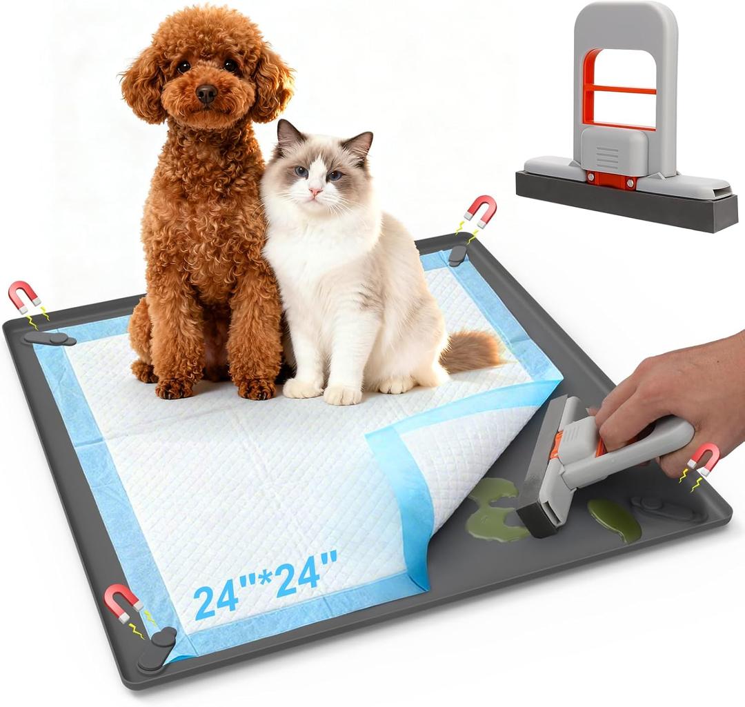XANGNIER Dog Pee Pad Holder with Magnetic Clips and Mini Mop,Silicone Puppy Pad Holder Tray for Potty Training 24"X24" Pee Pads,High Edge Leak-Proof,Square Potty Trays for Home Floor Protection
