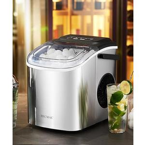 HECMAC Countertop Ice Maker, 26lbs/Day, 9 Cubes in 6 Mins, Self-Cleaning Machine with Basket & Scoop, 2 Bullet Ice Sizes for Home, Kitchen, Office, Bar, Party - Stainless Steel