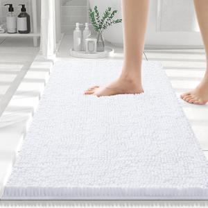Smiry Luxury Chenille Bathroom Rugs 30x20, Extra Soft and Absorbent Shaggy Bath Mat, Machine Washable, Non-Slip Plush Carpet Runner for Tub, Shower, and Floor, Home Decor Accessories, White