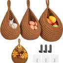Boho Wall Hanging Fruit Baskets for Kitchen 3 Pack Woven Produce Holder with 6 Pcs Strong Hooks Vegetable Hanging Basket for Organizing Teardrop Home Wall Potato Onion Storage, Caramel