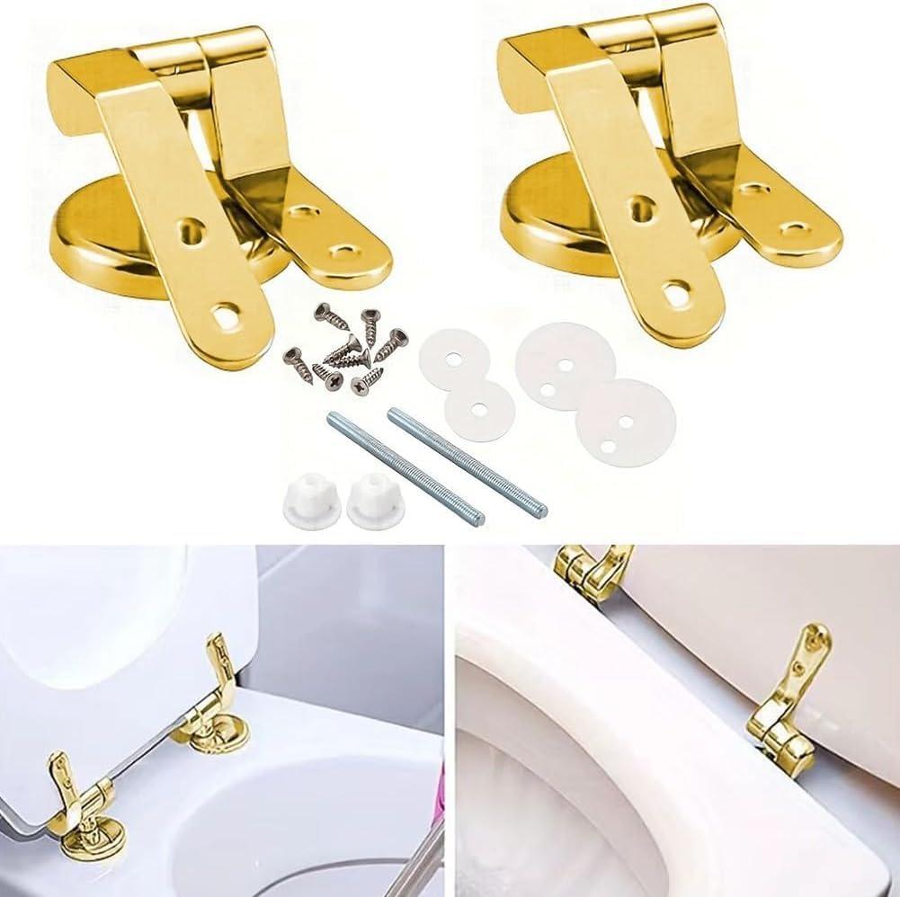 Gold Toilet Seat Hinges, Universal Fit, Complete Installation Kit, Premium Zinc Alloy, Anti-Corrosion Nylon Nuts, Adjustable Fittings