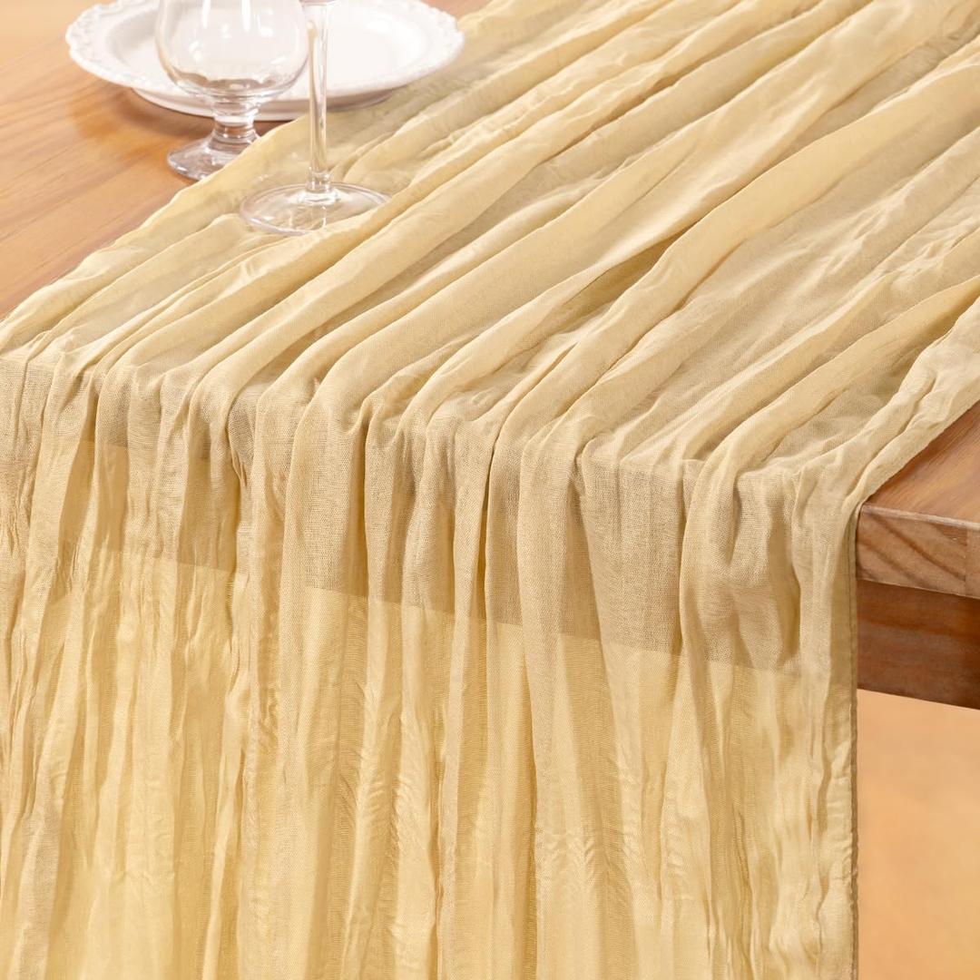 DeZerlor Champagne Gold Cheesecloth Table Runner Spring Easter Table Runner Boho Gauze 120 Inches Champagne Cheese Cloth Table Decor for Wedding Bridal Baby Shower Parties
