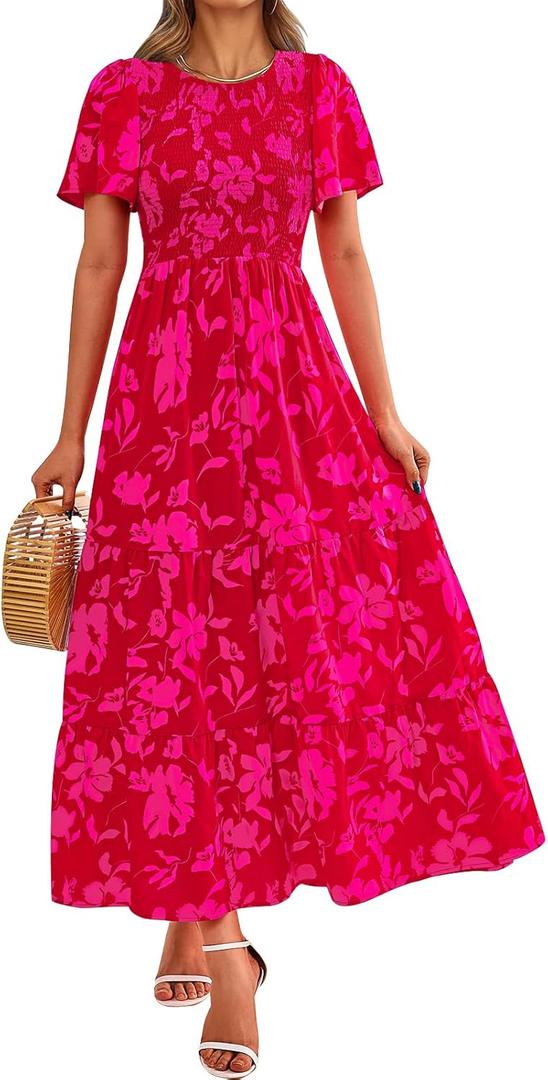 PRETTYGARDEN Women's 2026 Summer Casual Flutter Short Sleeve Boho Floral Maxi Dress Crew Neck Smocked Tiered Long Dresses (Red, L)