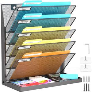 Legal/Letter Size 6 Tier Wall File Organizer,2-in-1 Wall Mounted&Desktop File Holder,2 Installation Methods Screws & Adhesive,Mesh Document Organizer with Label Plate for Home Office