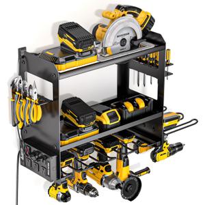 YYR Power Tool Organizer Wall Mount with Charging Station, Cordless Tools Hanger and Battery Storage Rack for Garage Organization, Heavy Duty Drill Holder Shelf Build in Metal Power Strip - Black, 8.1"D x 16.8"W x 16"H
