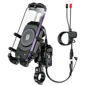 BRCOVAN Motorcycle Phone Mount Holder with Qi 15W Wireless Charger & 30W PD/USB-C Fast Charging Port, Anti-Theft Handlebar Cellphone Cradle with Vibration Dampener, Adjustable for 5.4-7.2'' Smartphone