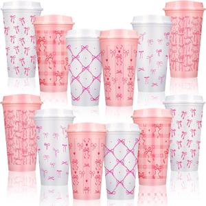 Skylety 12 Pcs Reusable Pink Bow Coffee Cups 16 oz Pink Bow Tumbler with Lid for Women Gift Coquette Plastic Coffee Cups for Hot Cold Drinks Wedding Bachelorette Bridal Shower Birthday Party, 6 Styles