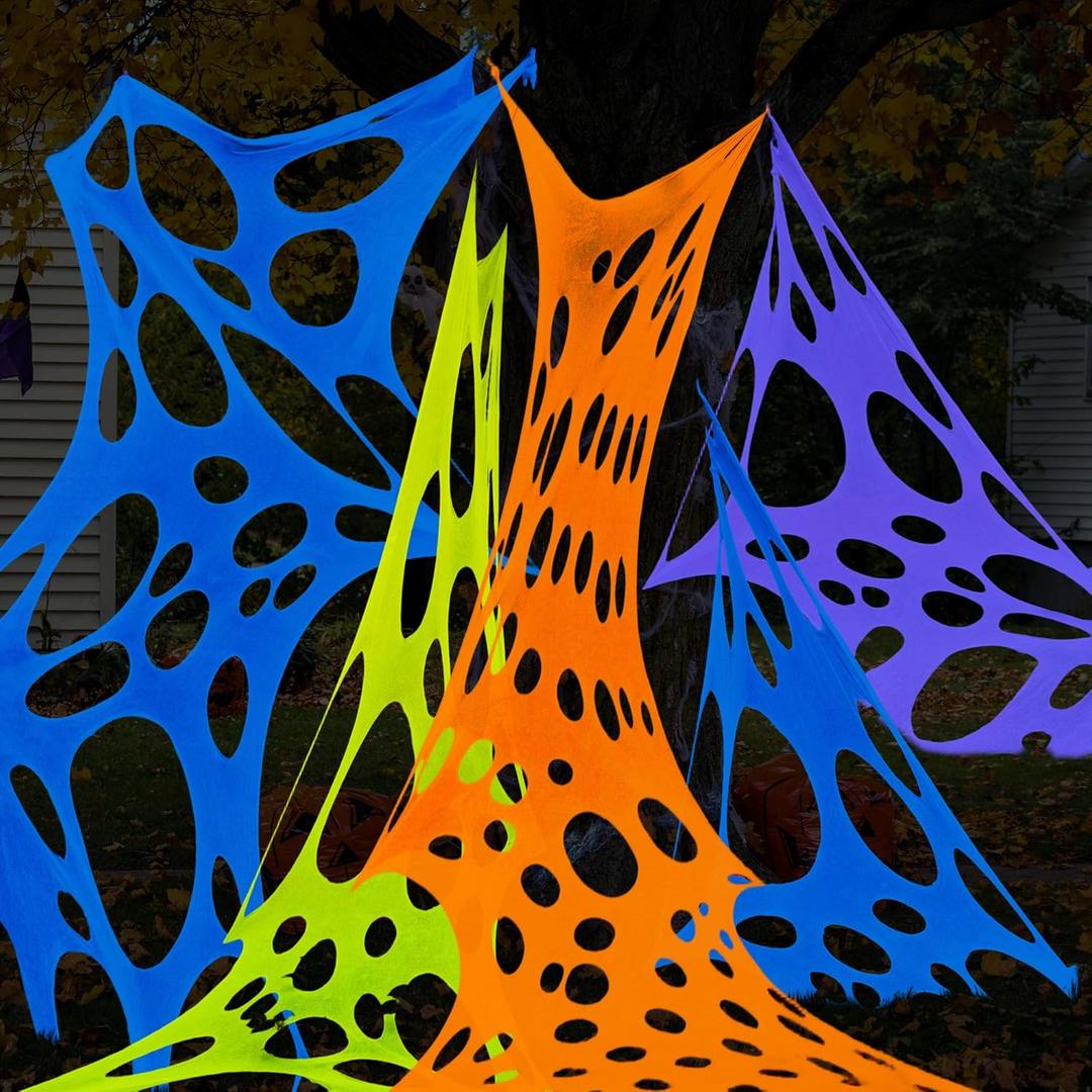 Aneco 4 Colors Halloween Giant Spider Web 900 Sqft Glow in the-Dark DIY Spiderwebs with 20 Ground Nails Stretchy Beef Cloth Netting for Yard Party Outdoor Decor, White, Green, Orange, Purple