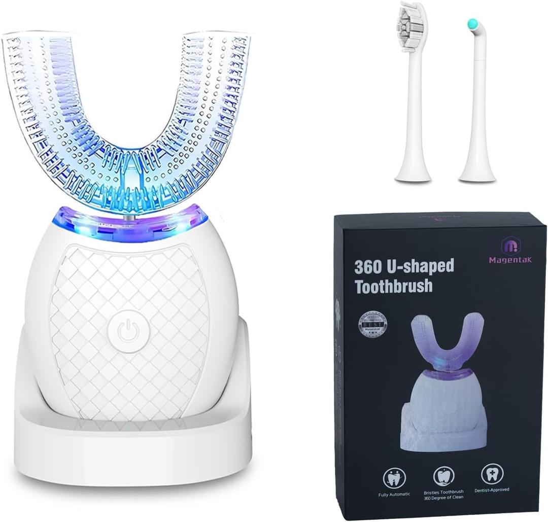 Magentak Electric Toothbrush for Adults, U Shaped Automatic Toothbrush for 360-degree Cleaning, Ultrasonic Toothbrush 3 Modes for Whitening, Wireless Charging Toothbrush Kit for Travel or Home(White)
