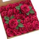 Ling's moment Artificial Flowers 25Pcs Hot Pink Roses Decor w/Stems,3" DIY Foam Floral for Wedding Bouquet/Centerpieces, Outdoors Party Backdrop, Room/Table, and Garden/Pot Decorations