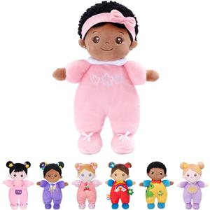 OUOZZZ Soft Black Baby Dolls for Girls - First African American Baby Dolls Multicultural Plush Rag Doll Sleeping Cuddle Buddy Doll Toy for Kids 10" (C-nevaeh03 Pink)