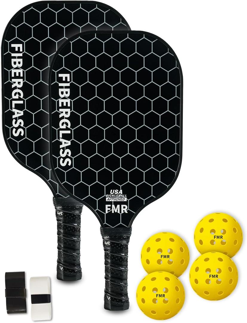 Pickleball Paddles Set of 2 with 4 Balls - USAPA Approved Fiberglass Surface, Lightweight, Non-Slip Grip - Premium Paddle Set for All Skill Levels Indoor & Outdoor (Black)