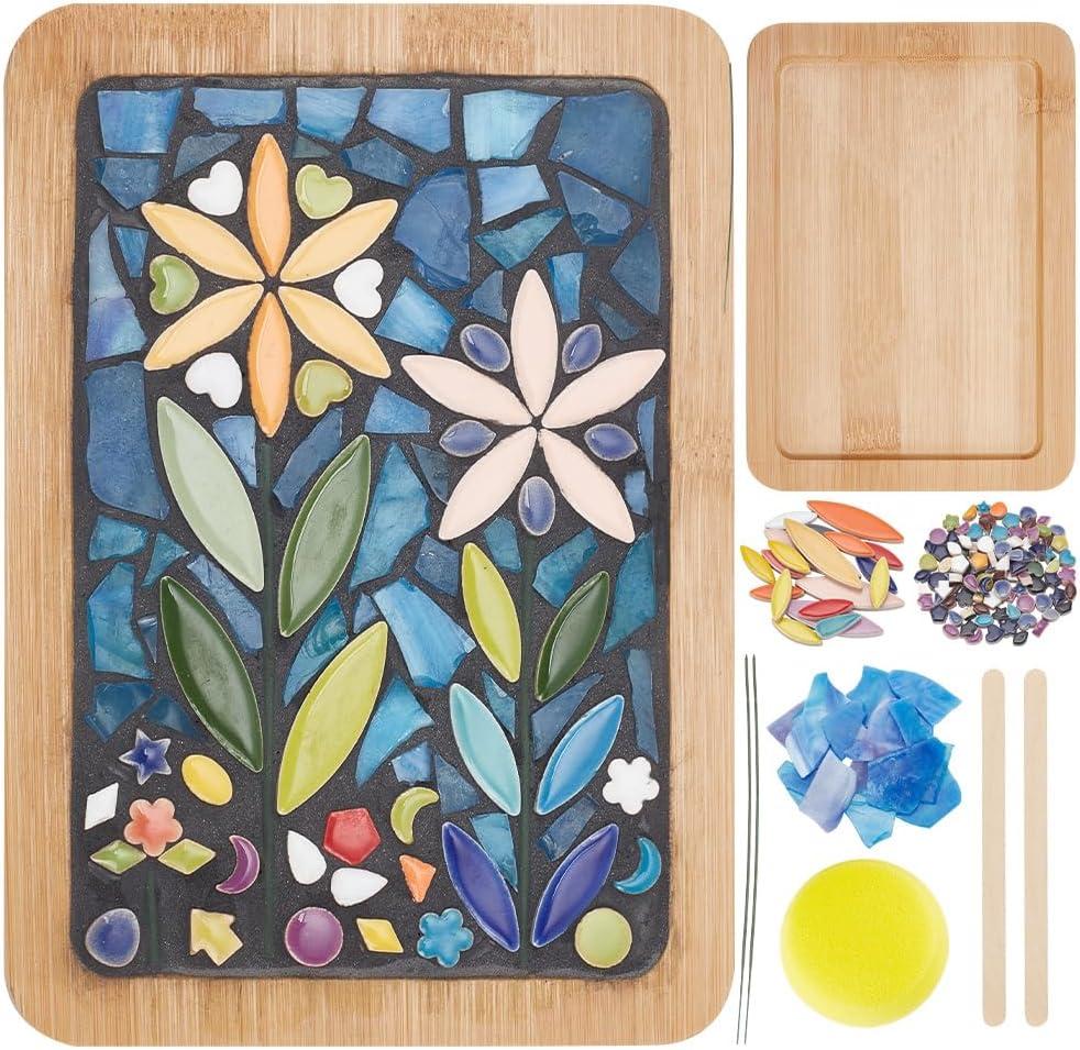 WEBEEDY DIY Mosaic Craft Kit Mixed Color Tree Leaves Ceramic Mosaic Tiles Mosaic Bamboo Coasters Kits for Adults Beginner, with Rectangle Coaster Base for Handmade Mosaic Coaster Home Decor