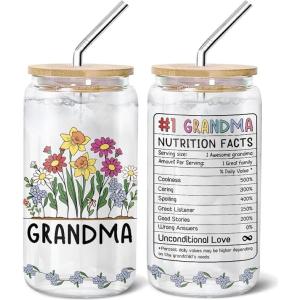 Yipaidel Grandma Rainbow 16oz Glass Tumbler with Bamboo Lid & Straw, Beer Can Shaped Iced Coffee & Drinking, Inspirational Sunshine Gifts for Mom, Wife, Best Friend - Christmas, Birthday Presents