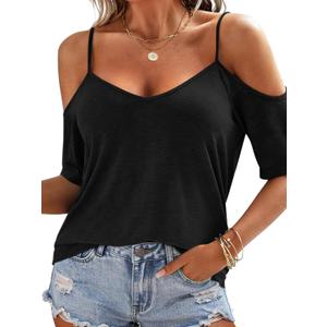 Eachyes Womens Summer Cold Shoulder Tops Low Back Short Sleeve V Neck T Shirts Sexy Casual, Large, Black