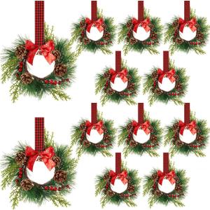 Zeyune 12 Pcs Small Christmas Wreaths for Kitchen Cabinet with Plaid Bow Ribbon Hanging Mini Christmas Cabinet Door Wreaths Decor for Kitchen Window Outdoor Indoor Holiday, 14.96 x 7.87''