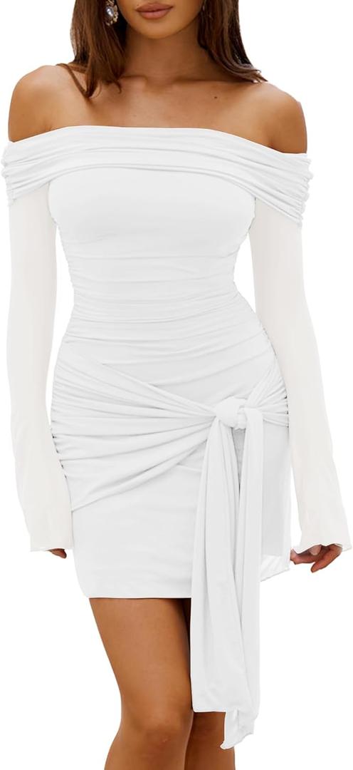 HOCILLE Women's Sexy Off Shoulder Bodycon Mini Dress Mesh Long Sleeve Wrap Tie Waist Ruched Party Dresses (Medium, White)