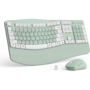 Wireless Keyboard and Mouse Combo,2.4G Full Size Wave Keys Ergonomic Keyboard with Wrist Rest for Natural Typing, 3 DPI Adjustable Ergonomic Mouse for Computer/Laptop/Windows/Mac (Avocado Green-A)