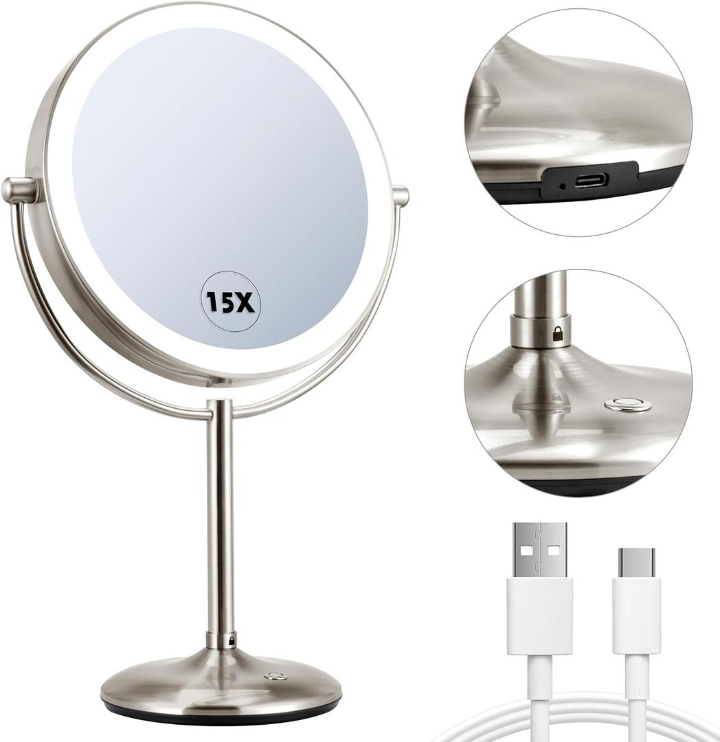 15X Magnifying Mirror with Light: 9 inch Lighted Makeup Mirror, 360Rotation Touch Screen Rechargeable, Double Sided LED Vanity Mirror, Brushed Nickel