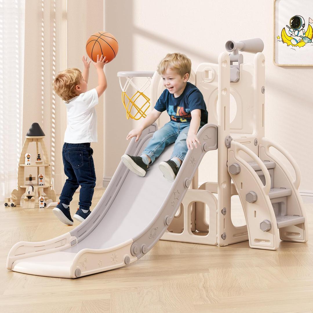 Babytronic Toddler Slide, 6 in 1 Kids Indoor Slide for Toddlers 1-3, Baby Indoor and Outdoor Climber Playset, Kids Slide with Basketball Hoop and Telescope, Toddler Outdoor Playground(White&Gray)