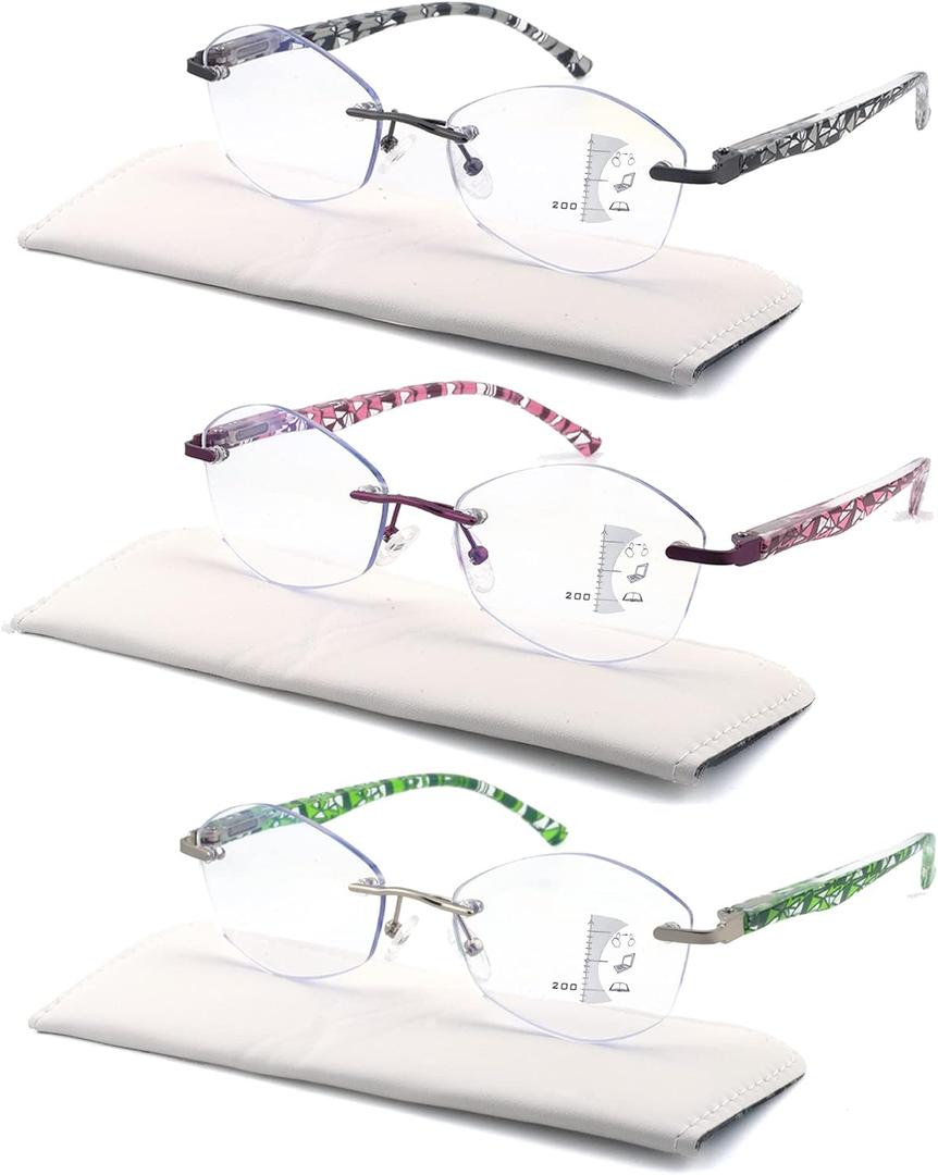 Progressive Multifocus Reading Glasses for Women Multifocal Rimless Womens Readers Trifocal Blue Light Blocking