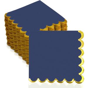 200 Pack Navy Blue and Gold Paper Napkins Scalloped Cocktail Napkins Blue Disposable Beverage Napkins for Birthday Baby Shower Wedding Party Supplies Dinnerware Tableware Decorations