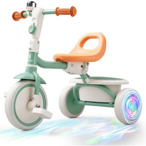 besrey Kids Tricycle with Flash Wheels for Ages 18 Months to 5 Years, Toddler Tricycle with Bell, Kids Tricycle, Gift for 2-5 Year Olds, Gift and Toy for Boys and Girls, Tricycle for Toddlers, Green (Green Flash Wheel)