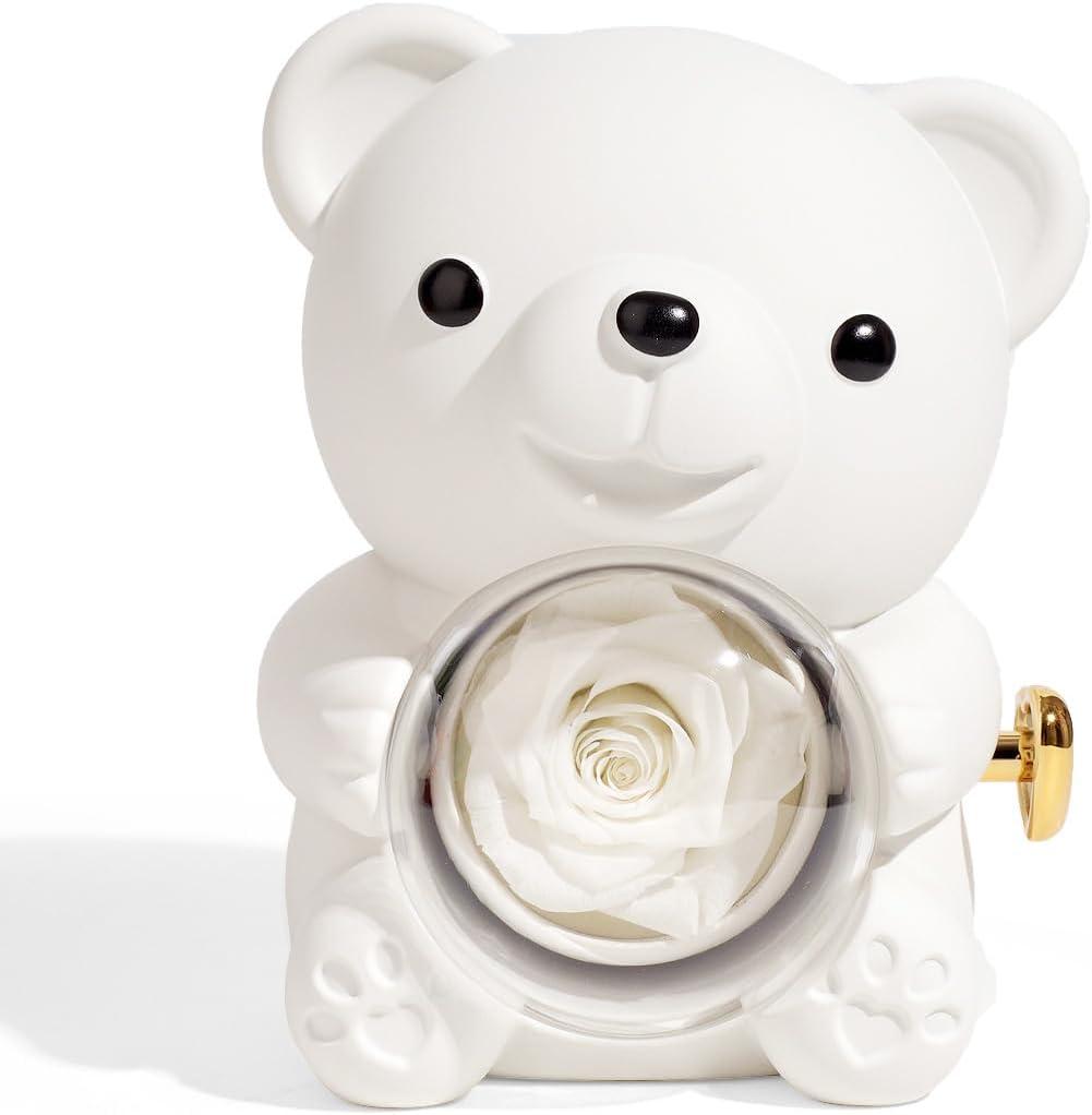 New Rose Hug Bear Jewelry Box Preserved Real Rose Gifts Eternal Rose Box for Mom,Girlfriend,Women,Wife,Valentine's Day,Mother's Day,Birthday,Anniversary