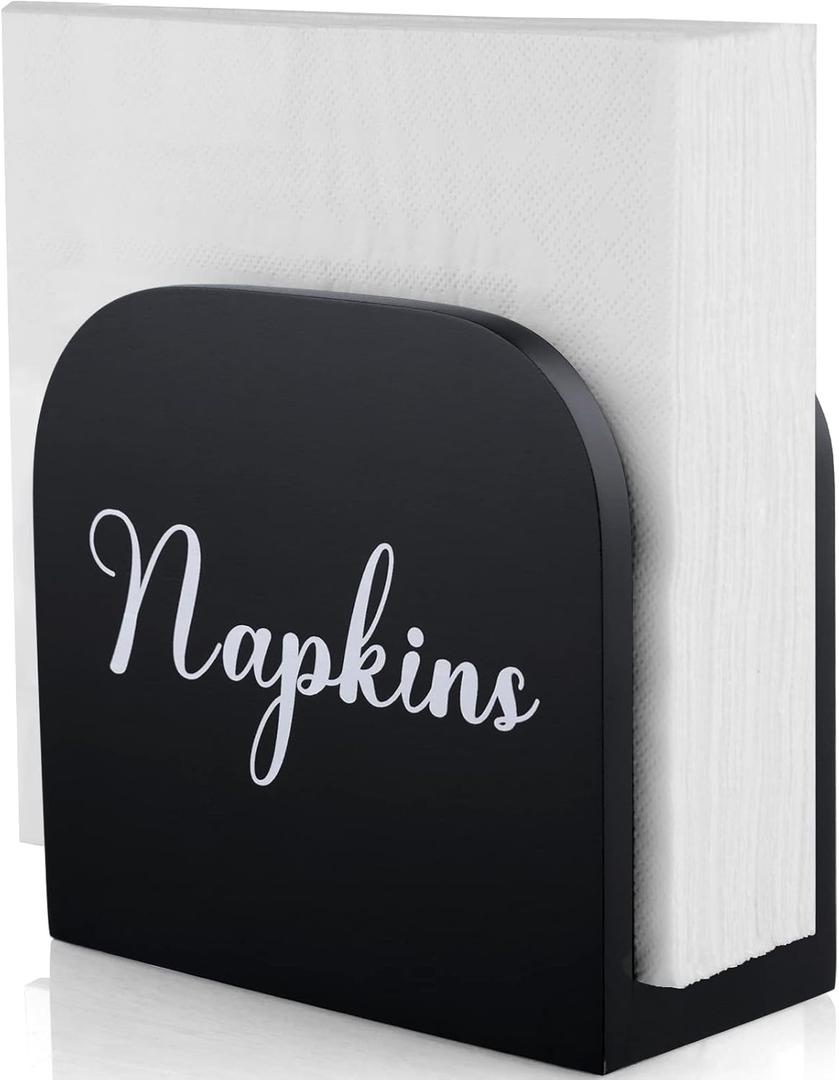 Black Napkin Holder for Table - ALELION Wooden Napkin Holders for Kitchen - Black Kitchen Decor and Accessories for Dining Room Table - Wood Napkin Dispenser (Black with cute lettering)