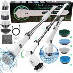 Electric Spin Scrubber for Bathroom  Cordless Shower Scrubber with 3 Adjustable Speeds, Long Handle, 11 Replaceable Brush Heads  Tile, Grout, Tub & Floor Cleaner (White)