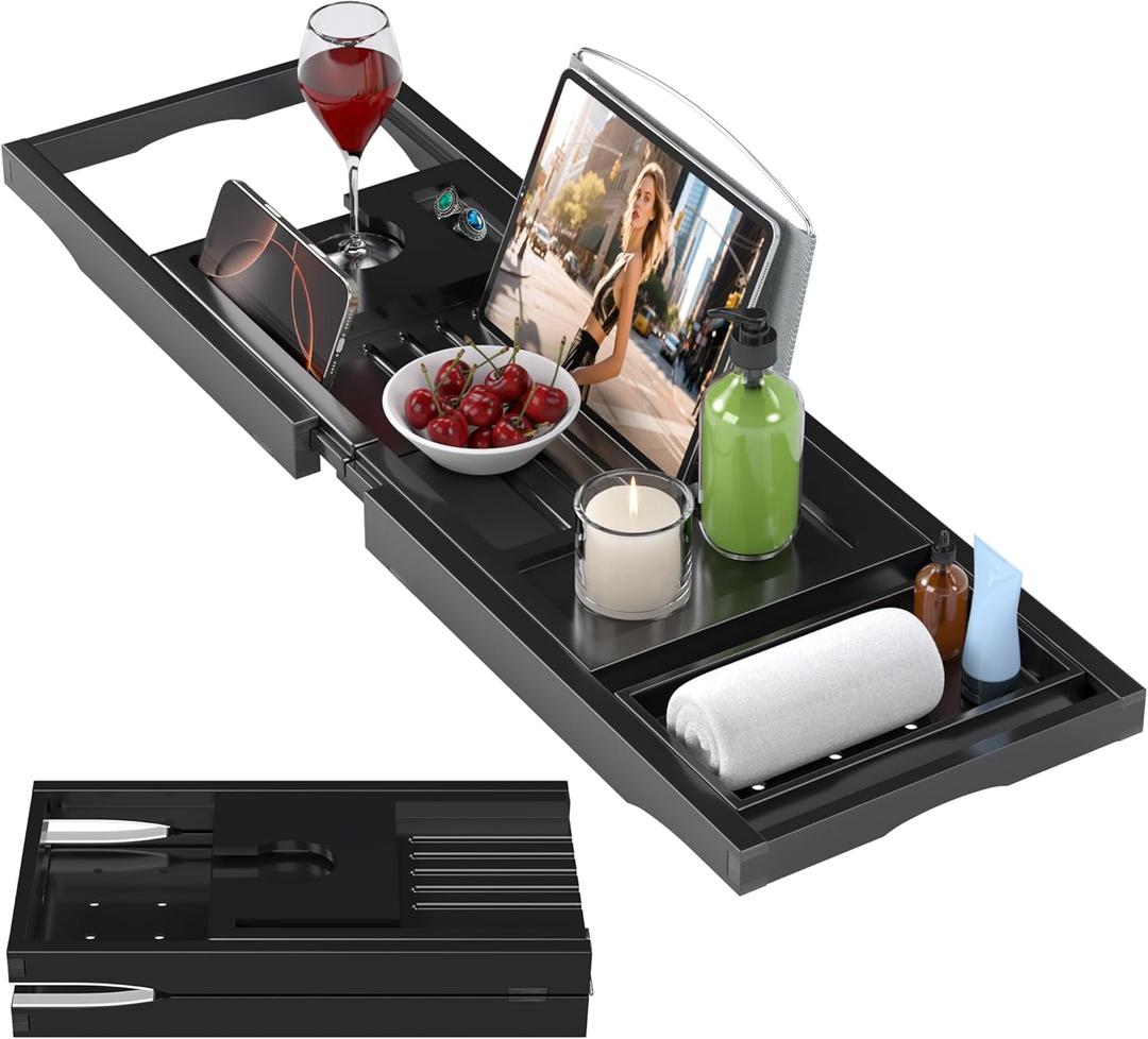 Foldable Bathtub Caddy Tray for Tub, Bamboo Expandable Bath Table Trays,Premium Bathroom Accessories for New Home & Mothers Day & Birthday Gifts for Couples, Black