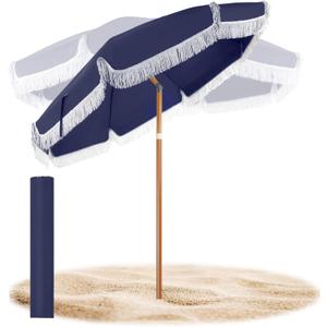 Talltalk 6 Ft Outdoor Beach Patio Umbrella with Fringe, Steel Pole, Steel Ribs and Carry Bag Elegant Table UPF 50+ UV Boho Umbrella for Outdoor Patio Picnic Beach Backyard (Navy Blue Steering)