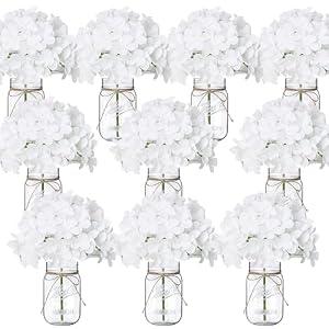 Scawim Flowers in Mason Jars for Table, 10 Set Artificial Hydrangea Table Centerpieces Glass Flowers Vases Decor for Home Party Wedding Farmhouse Bridal Shower Graduation Boho Decorative(White)