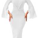 White Business Dress for Women Sexy Elegant Long Cloak Sleeve Waist Twist Cocktail Pencil Length Slit Dresses with Zipper (Large) 2 Pack