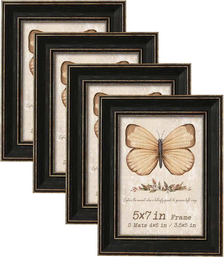 5x7 Picture Frame Set of 4 with 2 Mats, Black Rustic Farmhouse Photo Frames with Tempered Glass, 4x6 and 3.5x5 with Mat or 5x7 without Mat for Wall Hanging or Tabletop Display, Home Gallery Decor Gift