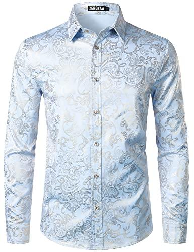 ZEROYAA Men's Luxury Prom Design Slim Fit Long Sleeve Button up Party Dress Shirts ZZCL48 Light Blue Medium