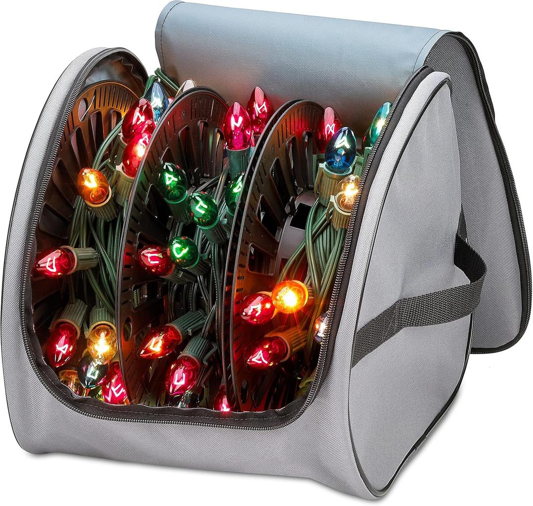 Premium Christmas Light Storage Bag  Heavy-Duty 600D Tear-Proof Material with Reinforced Handles  Includes 3 Reels, Stores up to 375 Ft of Mini Lights & Extension Cords  Grey with PVC Lining (Gray)