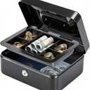 KYODOLED Medium Cash Box with Removable Money Tray, Key Lock Metal Storage Box with 2 Keys & Portable Handle, Safe Cash Drawer, 7.87"x 6.30"x 3.54", Black