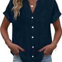 Button Down Shirts for Women Short Sleeve Cotton V Neck Tops Dressy Casual Loose Fit Office Work Blouses (Blue, L)