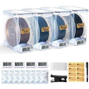 Filament Storage Box - 4 Pack 4L 3D Printer Filament Containers with 4 Hygrometers, Airtight Dry Boxes for Sealing and Protection, Water-Proof & Dust-Proof, Reusable Desiccant, Tube Cutter & Labels