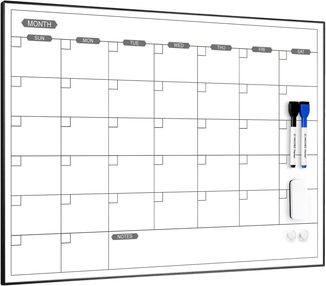 ARCOBIS Monthly Calendar Whiteboard, 24" x 18" Magnetic Dry Erase Calendar with Black Frame, Wall Hanging Planner for Home, Office, School