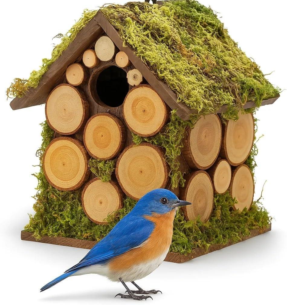 2025 Spring Bluebird House for Outside - Hard Wood Bird HouseNest Box for Outdoor - Moss Bird House with Cedar Rings- Gifts for Nature Lovers - Natural Style Longtime Lasting - 1.5" Entrance