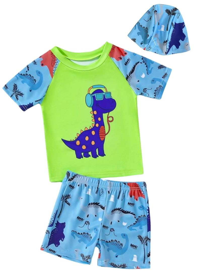 Toddler Boys Dinosaur Rashguard Swimsuit - Kids Short Sleeve Shirt Trunks Swimwear Bathing Suit with Hat 3Pcs Sets(Green, 100, 1263b) (Green)