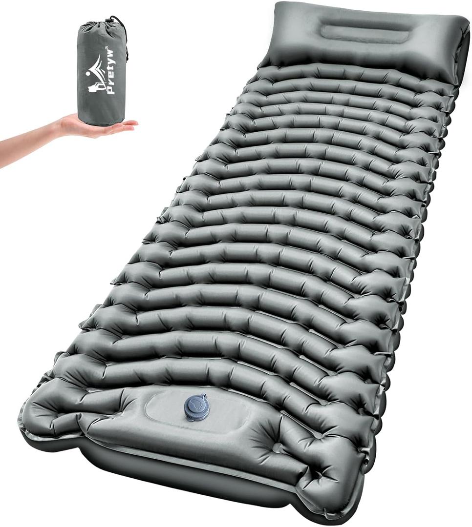 Sleeping Pad for Camping - Ultralight Camping Mattress with Pillow, Built-in Foot Pump, Compact Inflatable Portable Mat for Backpacking, Hiking, Car Traveling, Beach, Tent (Grey)