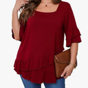 Beauhuty Womens Plus Size Tops Square Neck Tunic Double Ruffles Hem 3/4 Sleeve Shirt Casual Trendy Flow Loose Dressy Blouse XXL, Maroon