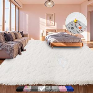 Large Shag Area Rugs 6x9 White, Plush Fuzzy Shaggy Rug for Living Room, Ultra Soft Fluffy Furry Rugs for Bedroom, Upgrade Non-Slip Indoor Thick Carpet Nursery Rugs for Kids Girls Boys Room Home Decor