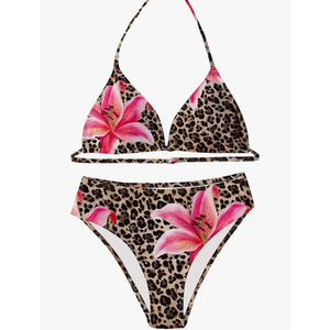 Girl's Leopard Floral Triangle Swimsuits Two Piece Halter Bikini Set Vacation Swimwear, Size 14Y