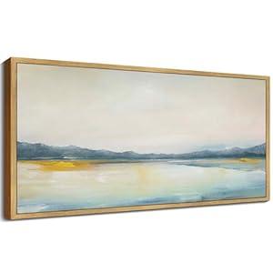 KUVIOKE Abstract Landscape Framed Wall Art Neutral Mountain and Laker Illustrations Modern Art Decorative Nordic Home Decor for Bedroom Living Room 8x16in (Natural Framed)